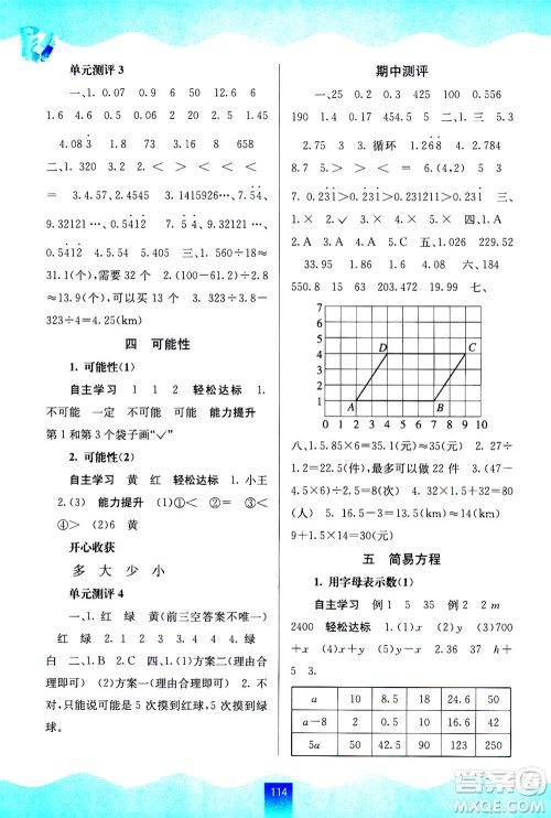 广西教育出版社2020年自主学习能力测评数学五年级上册人教版答案