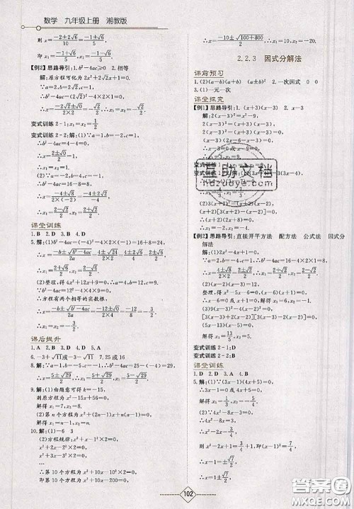 湖南教育出版社2020学法大视野九年级数学上册湘教版参考答案