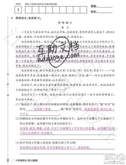 江西教育出版社2020年秋语文作业本六年级上册人教版参考答案