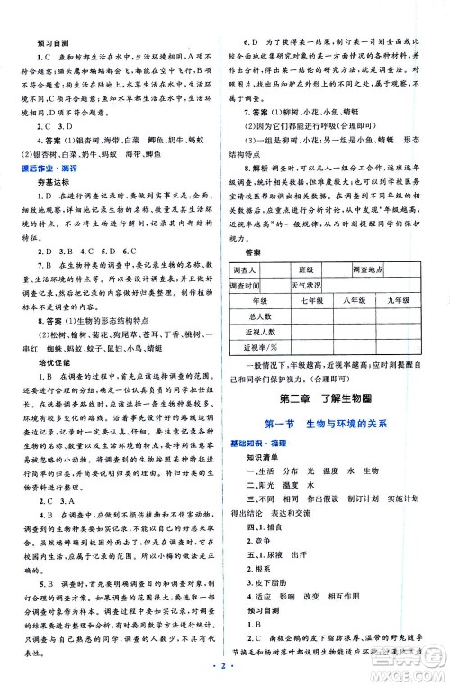 2020年人教金学典同步解析与测评学考练七年级生物学上册答案