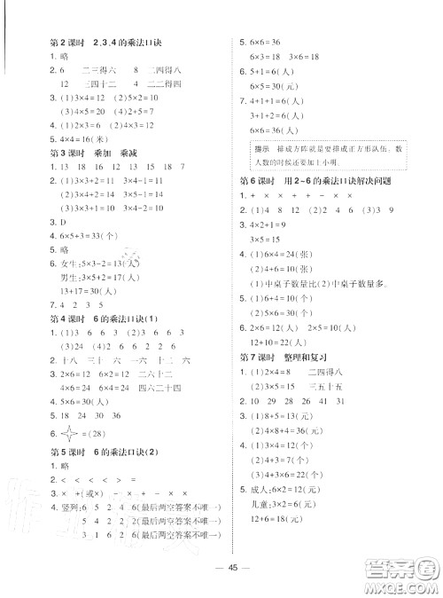 2020秋北大绿卡课时同步训练二年级数学上册人教版参考答案