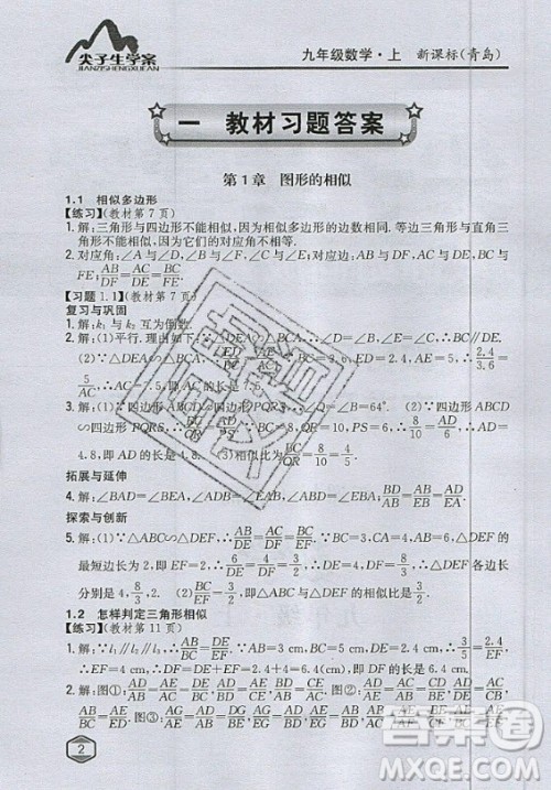 青岛出版社2020年九年级上册数学青岛版教材习题答案