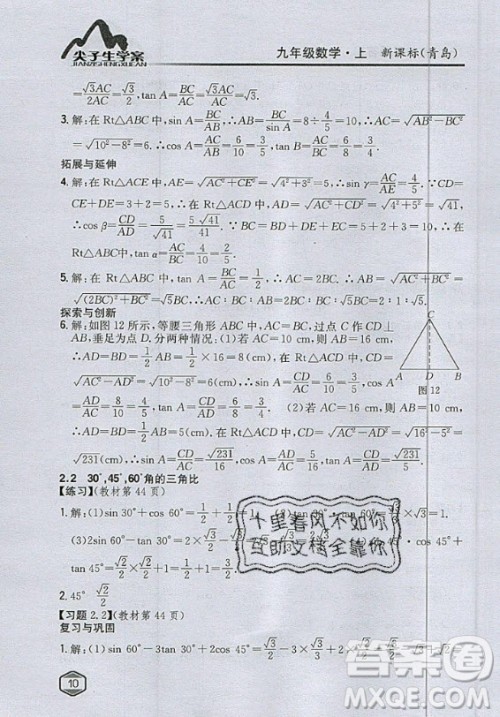 青岛出版社2020年九年级上册数学青岛版教材习题答案