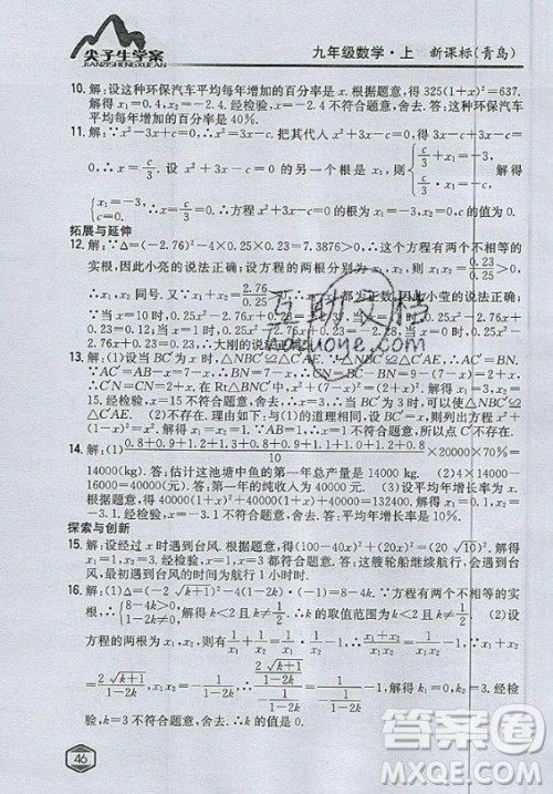青岛出版社2020年九年级上册数学青岛版教材习题答案