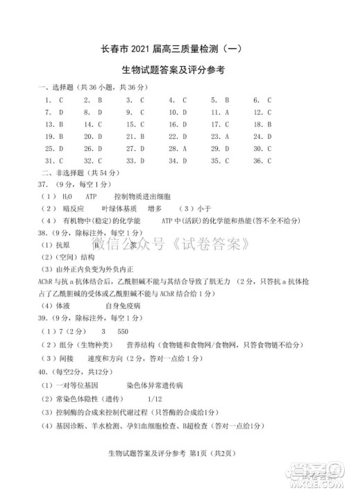 长春市2021届高三质量监测一物理生物试题及答案 长春市2021届高三质量监测一物理生物试题及答案