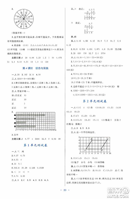 内蒙古教育出版社2020小学同步学习目标与检测五年级数学上册人教版答案