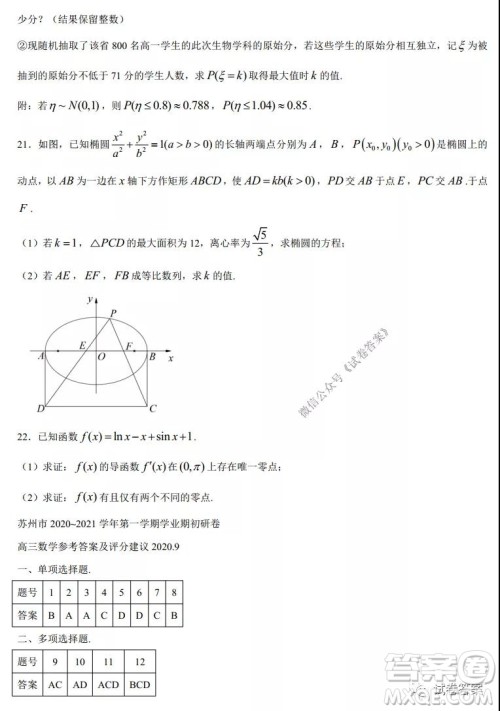 苏州四市五区2020-2021学年第一学期高三期初调研试卷数学试题及答案 苏州四市五区2020-2021学年第一学期高三期初调研试卷数学试题及答案