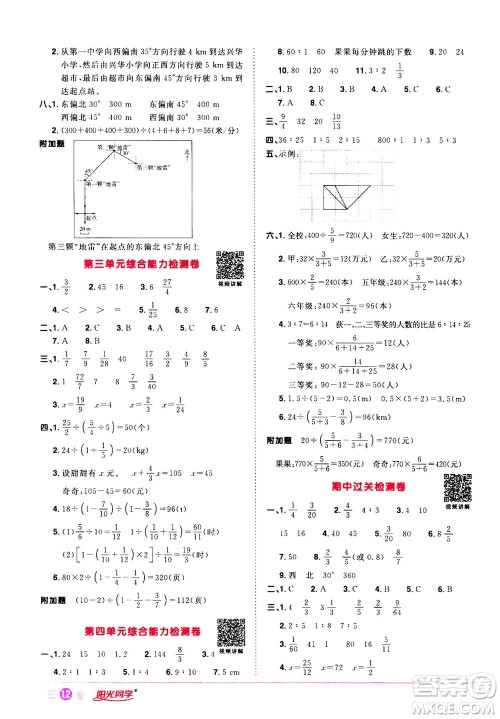 浙江教育出版社2020年阳光同学课时达标训练六年级数学上册人教版浙江专版答案