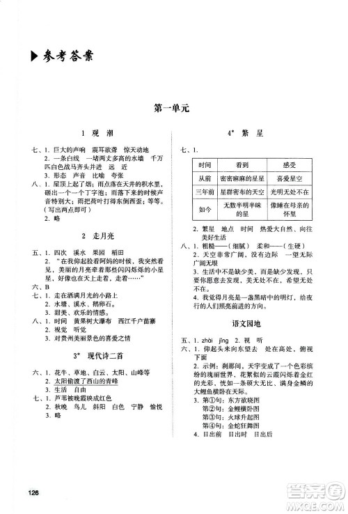 山东人民出版社2020年小学同步练习册语文四年级上册人教版答案