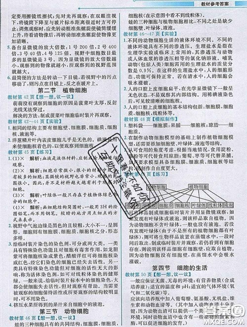人民教育出版社2020秋课本教材七年级生物上册人教版参考答案 人民教育出版社2020秋课本教材七年级生物上册人教版参考答案