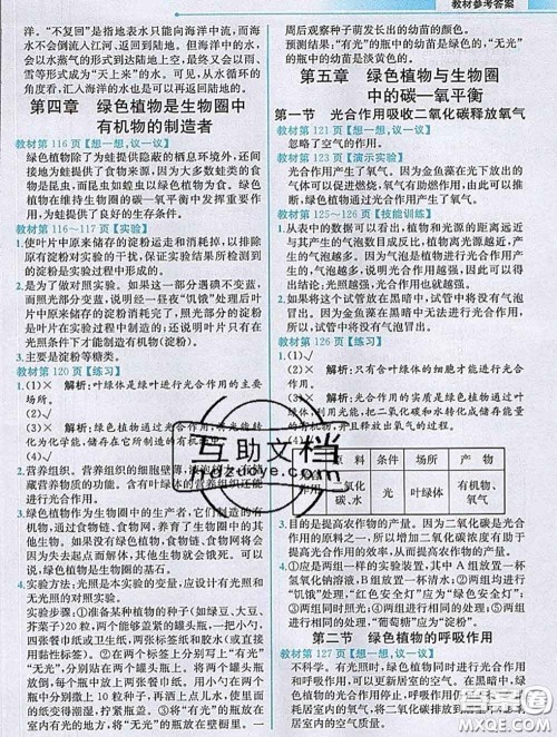 人民教育出版社2020秋课本教材七年级生物上册人教版参考答案