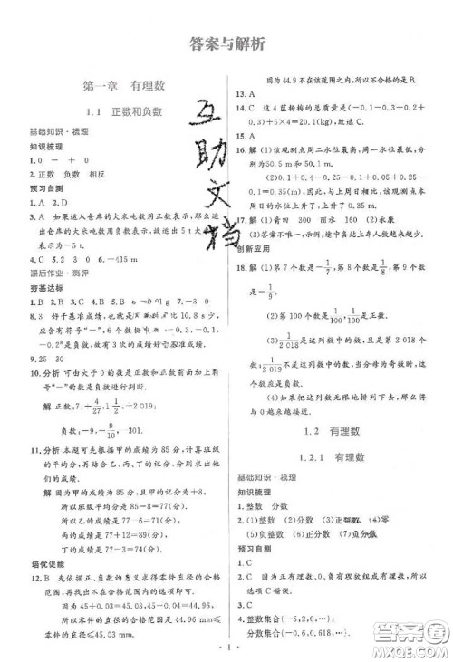2020年秋同步解析与测评学考练七年级数学上册人教版参考答案