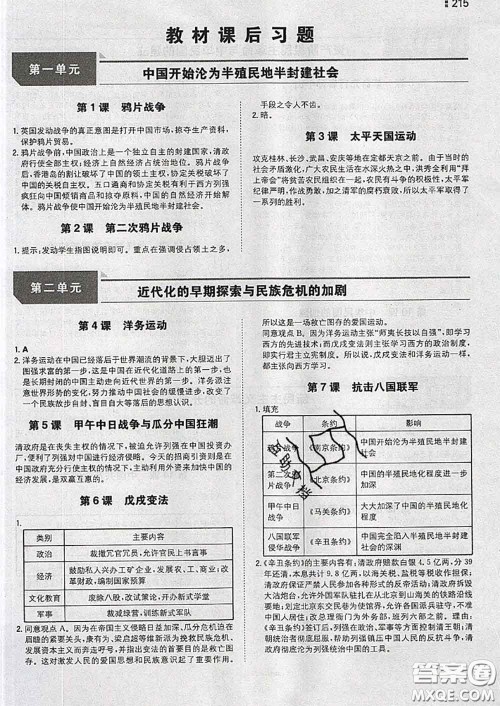 人民教育出版社2020年课本教材八年级历史上册人教版参考答案