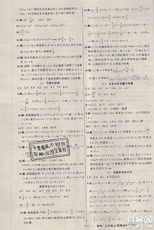 新疆青少年出版社2020秋黄冈100分闯关七年级数学上册青岛版答案