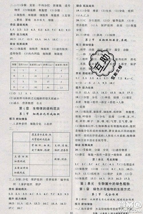 新疆青少年出版社2020秋黄冈100分闯关七年级生物上册北师版答案