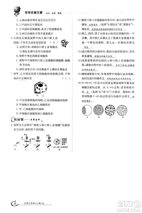 江西高校出版社2020年金太阳导学案生物七年级上册人教版答案