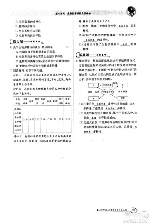 江西高校出版社2020年金太阳导学案生物八年级上册人教版答案