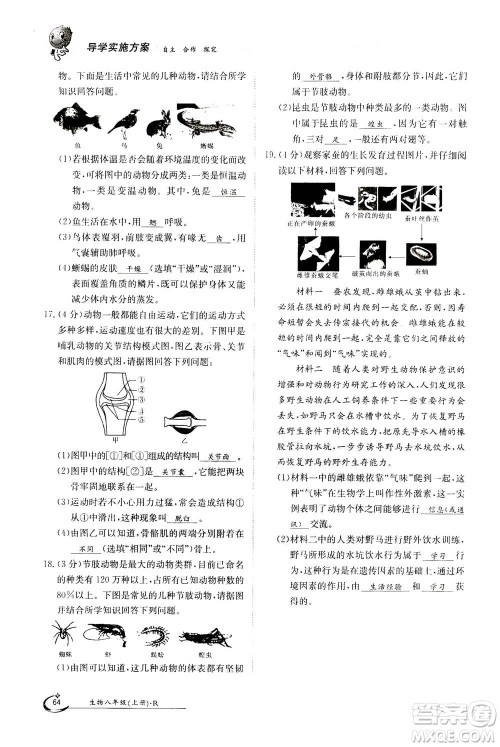江西高校出版社2020年金太阳导学案生物八年级上册人教版答案