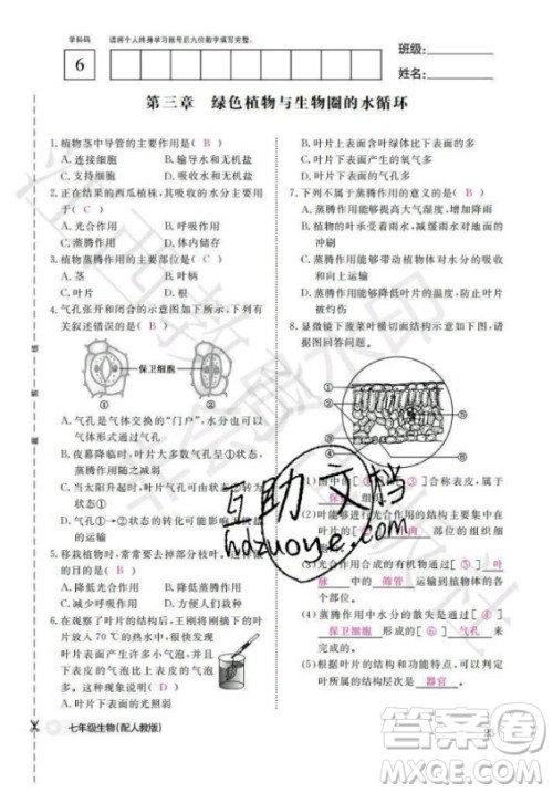 江西教育出版社2020年生物作业本七年级上册人教版答案