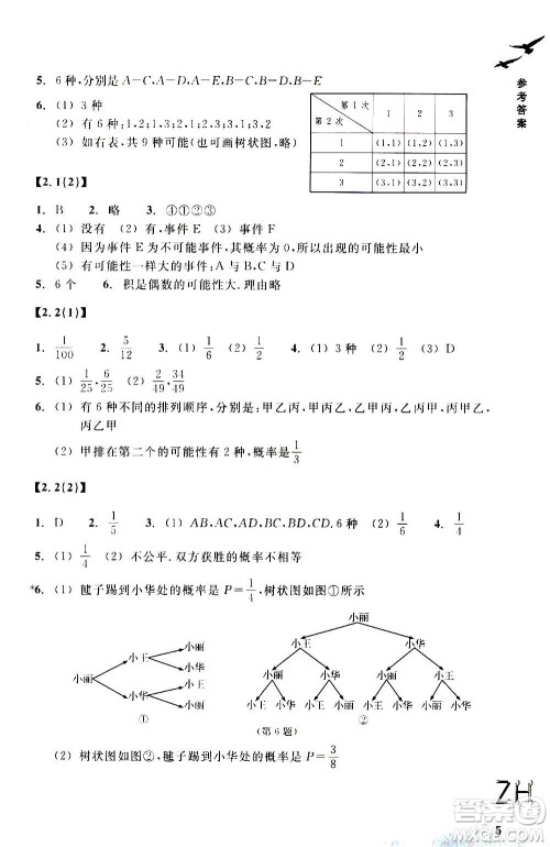 浙江教育出版社2020年数学作业本九年级上册ZH浙教版答案