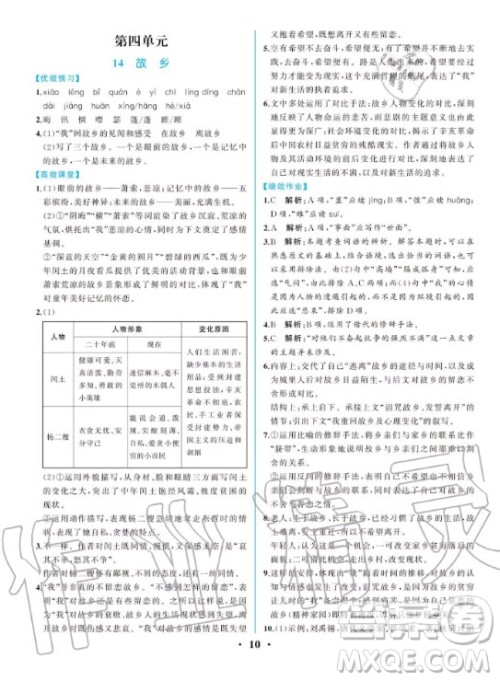 人民教育出版社2020年人教金学典同步解析与测评学练考语文九年级上册人教版答案