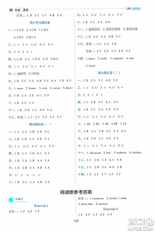 延边人民出版社2020优秀生百分学生作业本题练王情境式阅读型练习册四年级英语上册PEP版答案