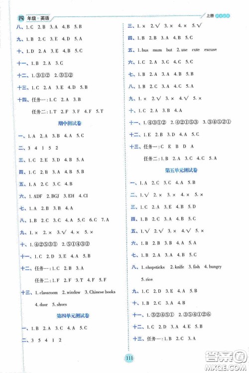 延边人民出版社2020优秀生百分学生作业本题练王情境式阅读型练习册四年级英语上册PEP版答案