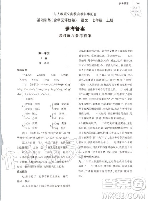 大象出版社2020年基础训练七年级上册语文人教版答案 大象出版社2020年基础训练七年级上册语文人教版答案
