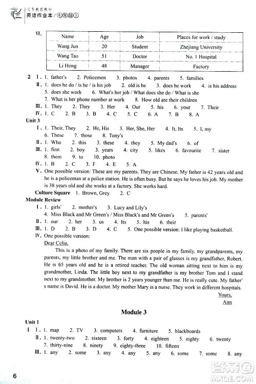 浙江教育出版社2020年英语作业本七年级上册B版外研版答案