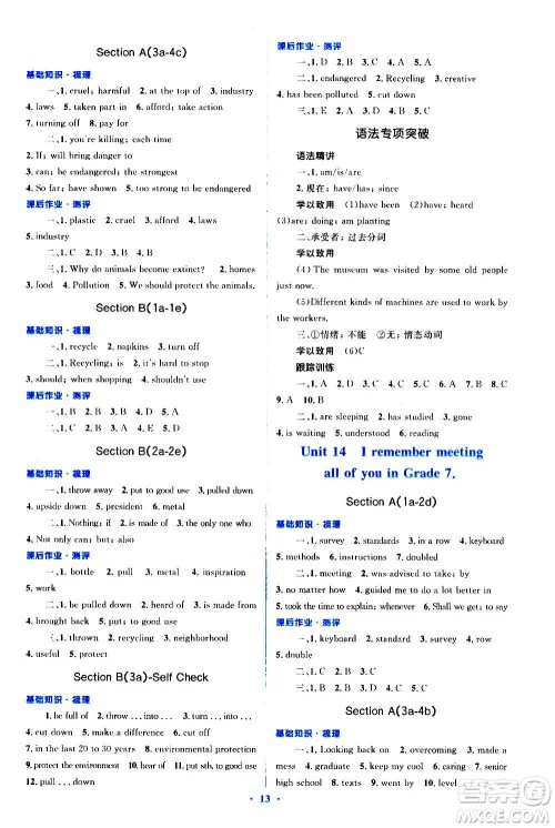 人民教育出版社2020年人教金学典同步解析与测评学练考英语九年级全一册人教版答案