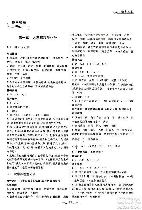 辽宁师范大学出版社2020年新课程新教材导航学化学九年级上册科学版答案