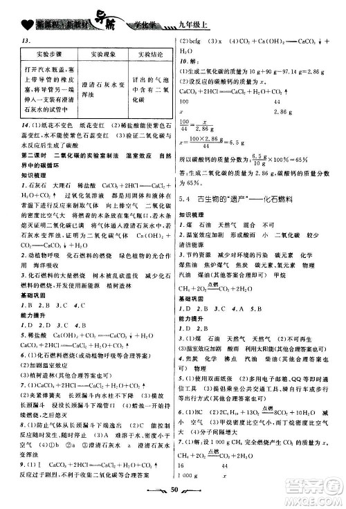 辽宁师范大学出版社2020年新课程新教材导航学化学九年级上册科学版答案