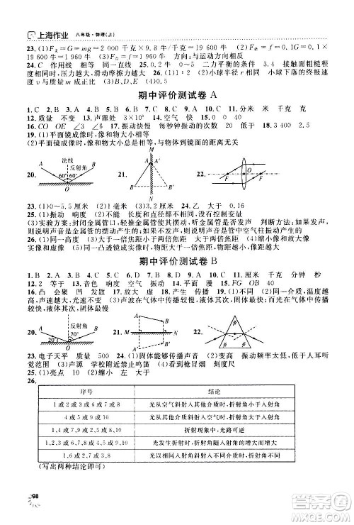 上海大学出版社2020年钟书金牌上海作业物理八年级上册答案