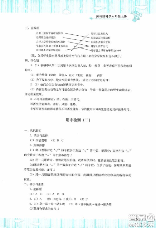 湖南少年儿童出版社2020课程基础训练六年级科学上册湘科版答案