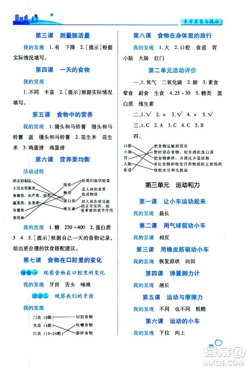 陕西师范大学出版总社2020年绩优学案科学四年级上册教科版答案