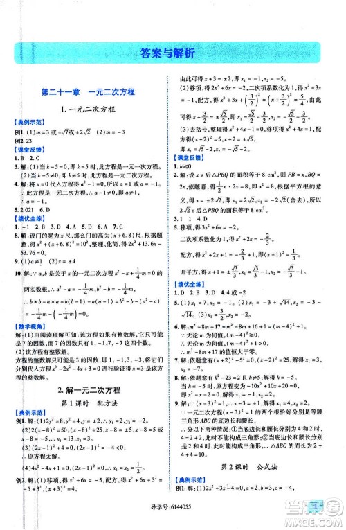 陕西师范大学出版总社2020年绩优学案数学九年级上册人教版答案