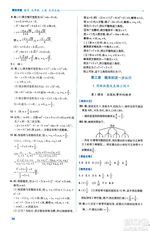 陕西师范大学出版总社2020年绩优学案数学九年级上册北师大版答案