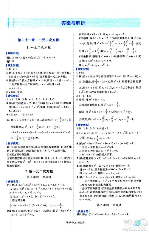 陕西师范大学出版总社2020年绩优学案数学九年级上下册合订本人教版答案