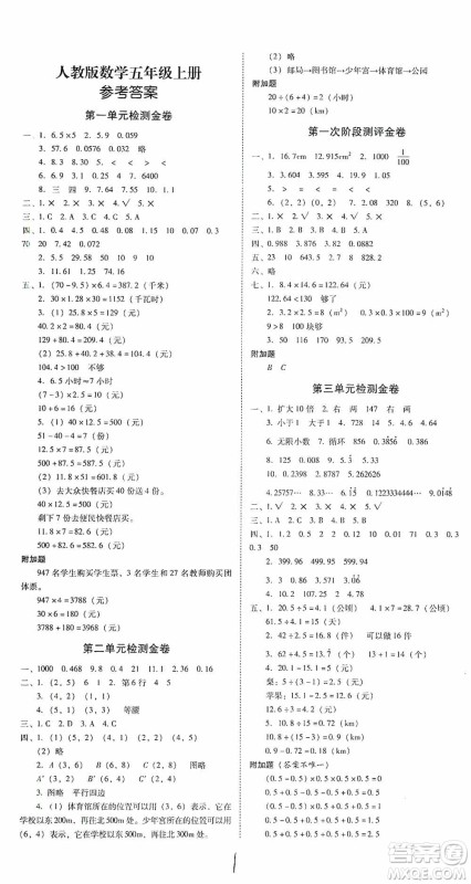 2020秋云南师大附小一线名师金牌试卷五年级数学上册人教版答案