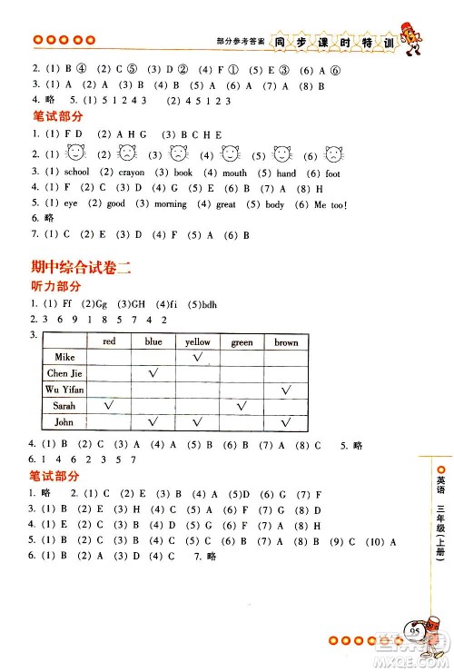 浙江少年儿童出版社2020年同步课时特训英语三年级上册R人教版答案