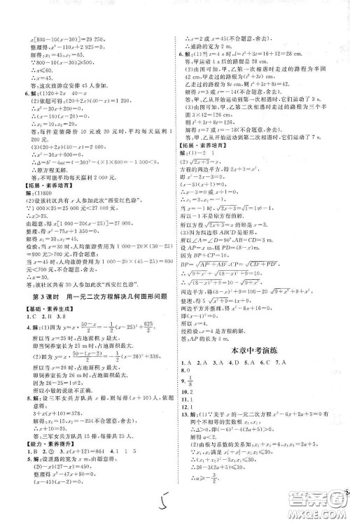 延边教育出版社2020优学案课时通九年级数学全一册人教版云南专用答案