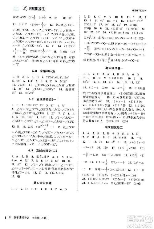 浙江人民出版社2020年课时特训数学七年级上册Z浙教版答案