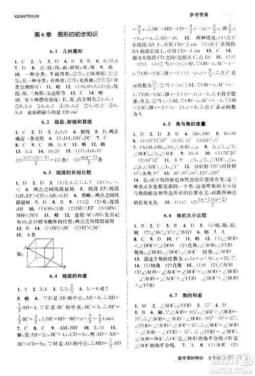 浙江人民出版社2020年课时特训数学七年级上册Z浙教版答案