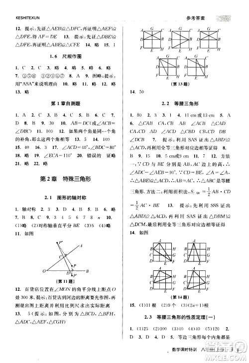 浙江人民出版社2020年课时特训数学八年级上册Z浙教版答案