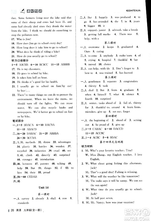 浙江人民出版社2020年课时特训英语九年级全一册R人教版答案