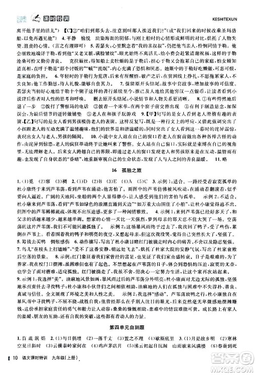 浙江人民出版社2020年课时特训语文九年级上册R人教版答案