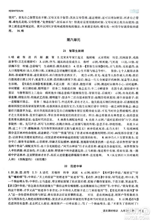 浙江人民出版社2020年课时特训语文九年级上册R人教版答案