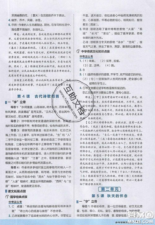 2020秋荣德基特高级教师点拨七年级语文上册人教版参考答案