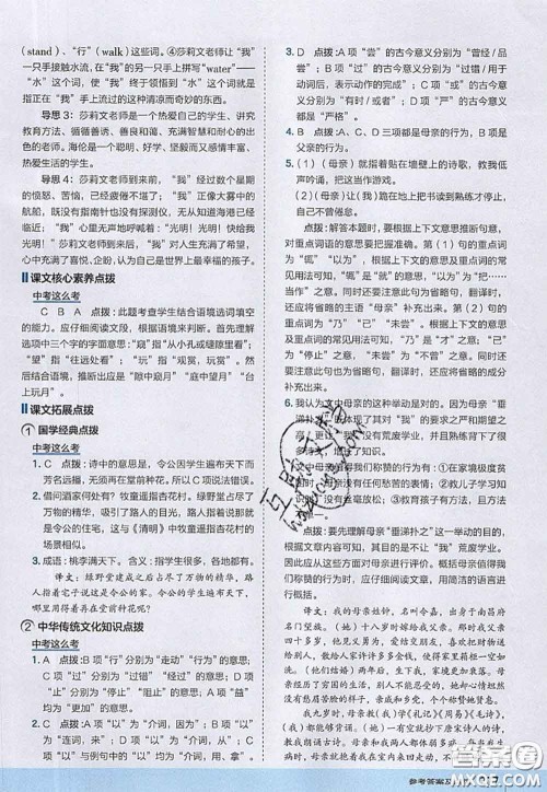 2020秋荣德基特高级教师点拨七年级语文上册人教版参考答案