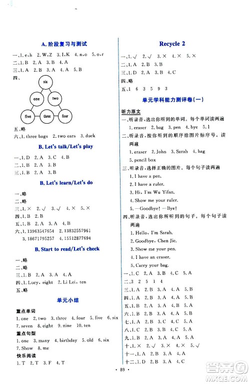 人民教育出版社2020年能力培养与测试英语三年级上册PEP人教版答案 人民教育出版社2020年能力培养与测试英语三年级上册PEP人教版答案